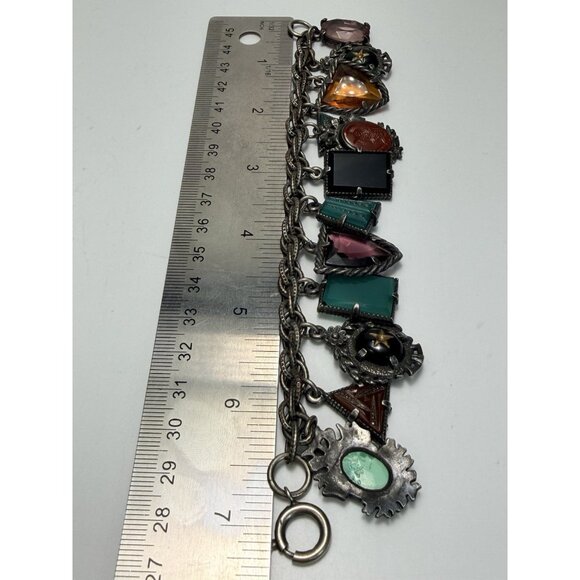 Vintage ArtDeco Czech Carved Art Glass Charm Bracelet Multicolor Circa 30s Rare - Picture 6 of 13